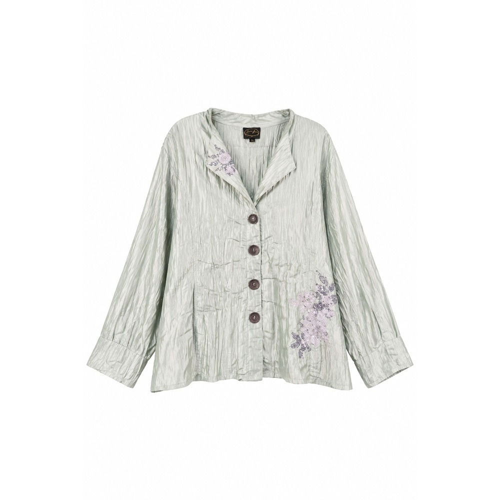 Julia Kim Crinkle Floral Embroidered Sequin Blouse Womens 2X Sage Green Artsy